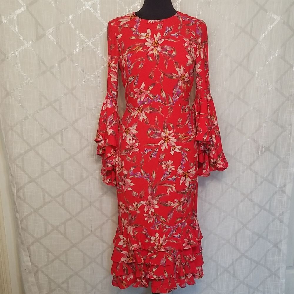 Amur Alexia Red Floral Ruffled Bell Sleeve Midi Dress Size 2 Boho Colorful